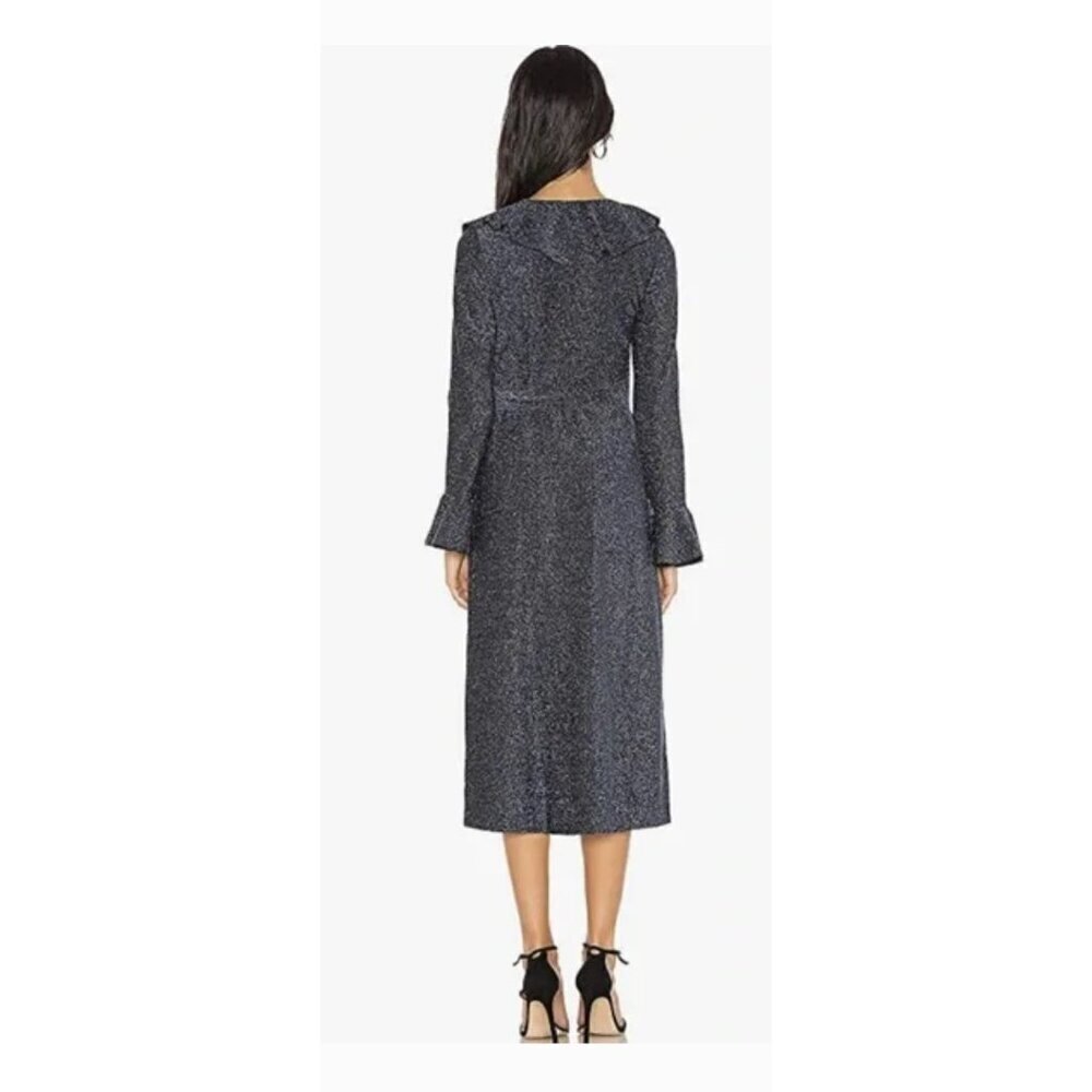 Free People One More Time Blue Black Shimmer Ruffle Midi Wrap Dress  S - Picture 3 of 5